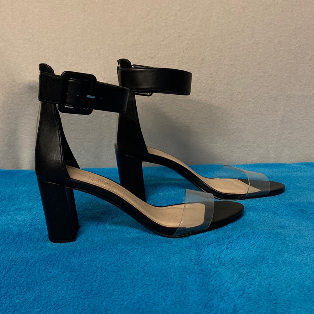 Chinese Laundry Black Block Heel Sandals with Clear Strap